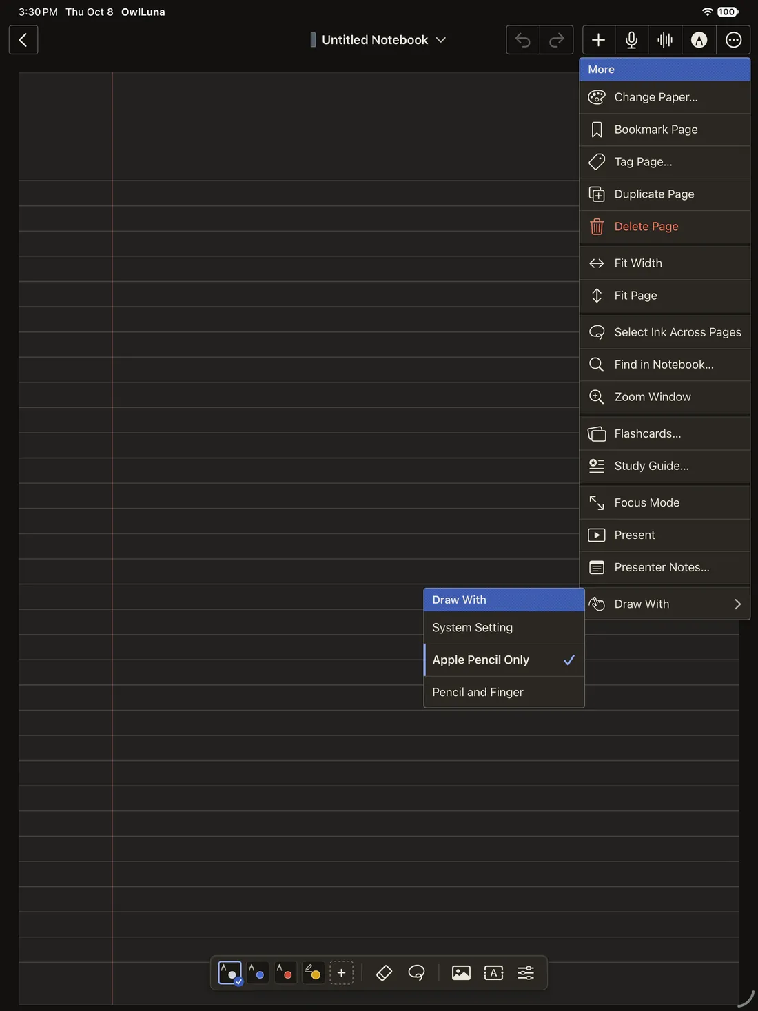 The editor at night with its More menu open as a flat card under a cobalt band, and a Draw With card beside it offering System Setting, Apple Pencil Only and Pencil and Finger.