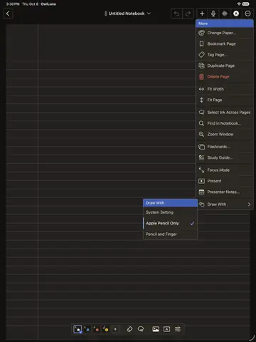 The editor at night with its More menu open as a flat card under a cobalt band, and a Draw With card beside it offering System Setting, Apple Pencil Only and Pencil and Finger.