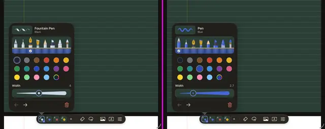 A pen’s options over a dark green chalkboard page, for a black fountain pen and for a blue pen. The black ink is drawn pale.