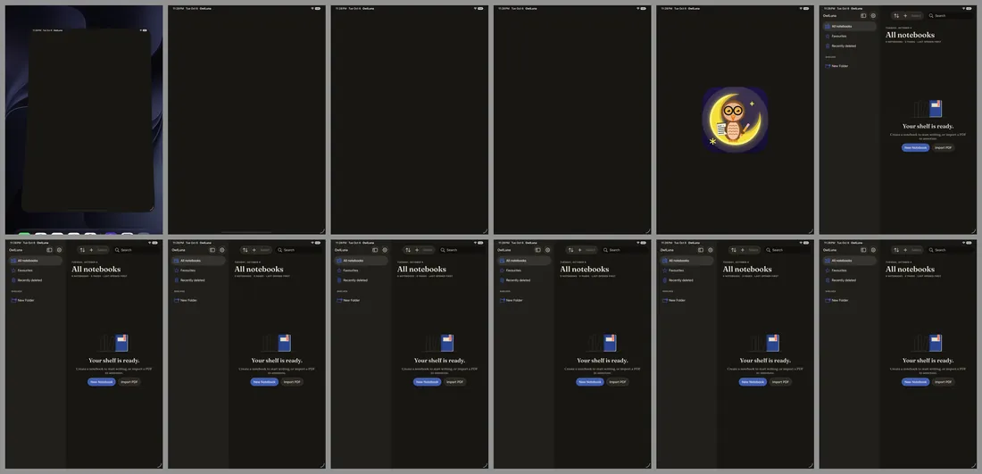 Twelve frames of the app starting at night: the Home Screen, three empty frames, the owl icon alone, then the empty library saying Your shelf is ready.