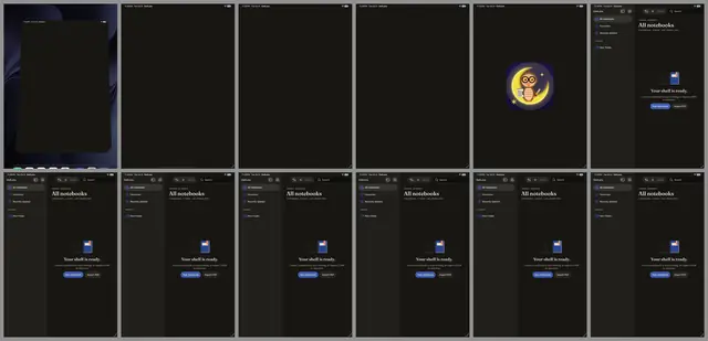 Twelve frames of the app starting at night: the Home Screen, three empty frames, the owl icon alone, then the empty library saying Your shelf is ready.