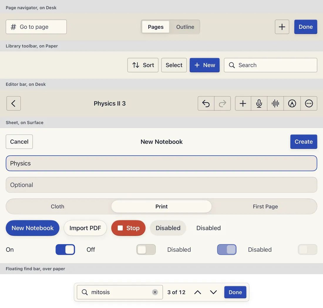 A sheet of redrawn controls: the page navigator’s bar, the library toolbar, the editor bar, a New Notebook sheet with fields, tabs, buttons and switches, and a floating find bar.