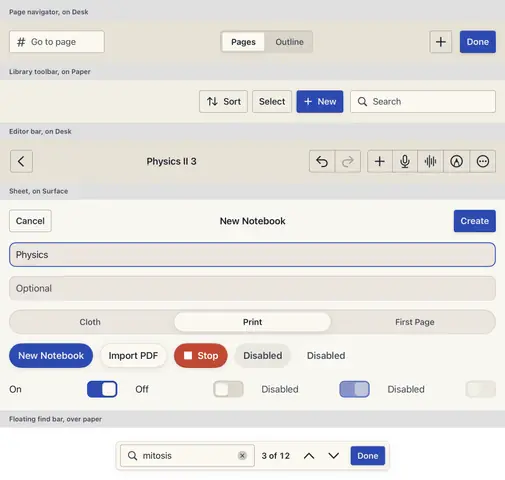 A sheet of redrawn controls: the page navigator’s bar, the library toolbar, the editor bar, a New Notebook sheet with fields, tabs, buttons and switches, and a floating find bar.