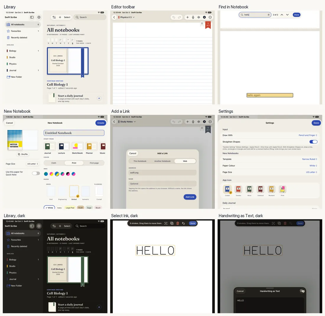 A sheet of nine iPad screenshots: the library, the editor toolbar, Find in Notebook, New Notebook, Add a Link and Settings by day, then the library, Select Ink and Handwriting as Text at night.