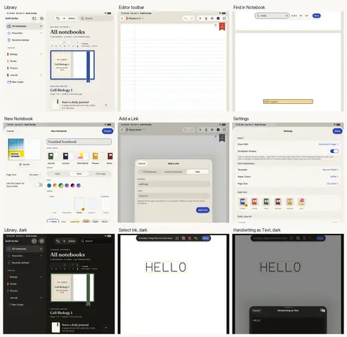 A sheet of nine iPad screenshots: the library, the editor toolbar, Find in Notebook, New Notebook, Add a Link and Settings by day, then the library, Select Ink and Handwriting as Text at night.