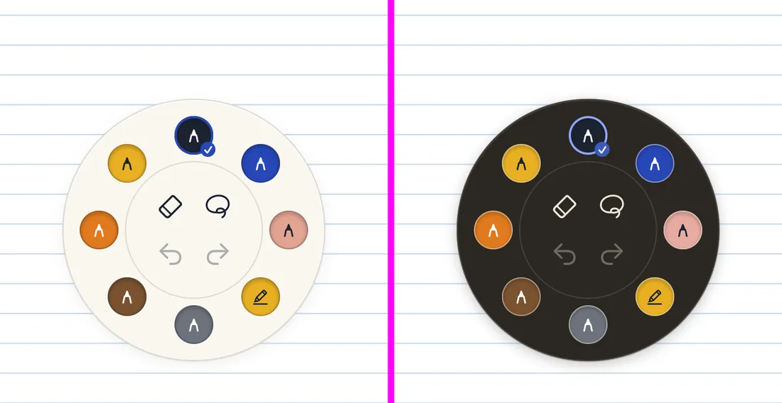 A round dish by day and at night: eight wells of ink round its rim, one of them checked, with an eraser, a lasso, undo and redo in the middle.