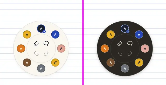 A round dish by day and at night: eight wells of ink round its rim, one of them checked, with an eraser, a lasso, undo and redo in the middle.