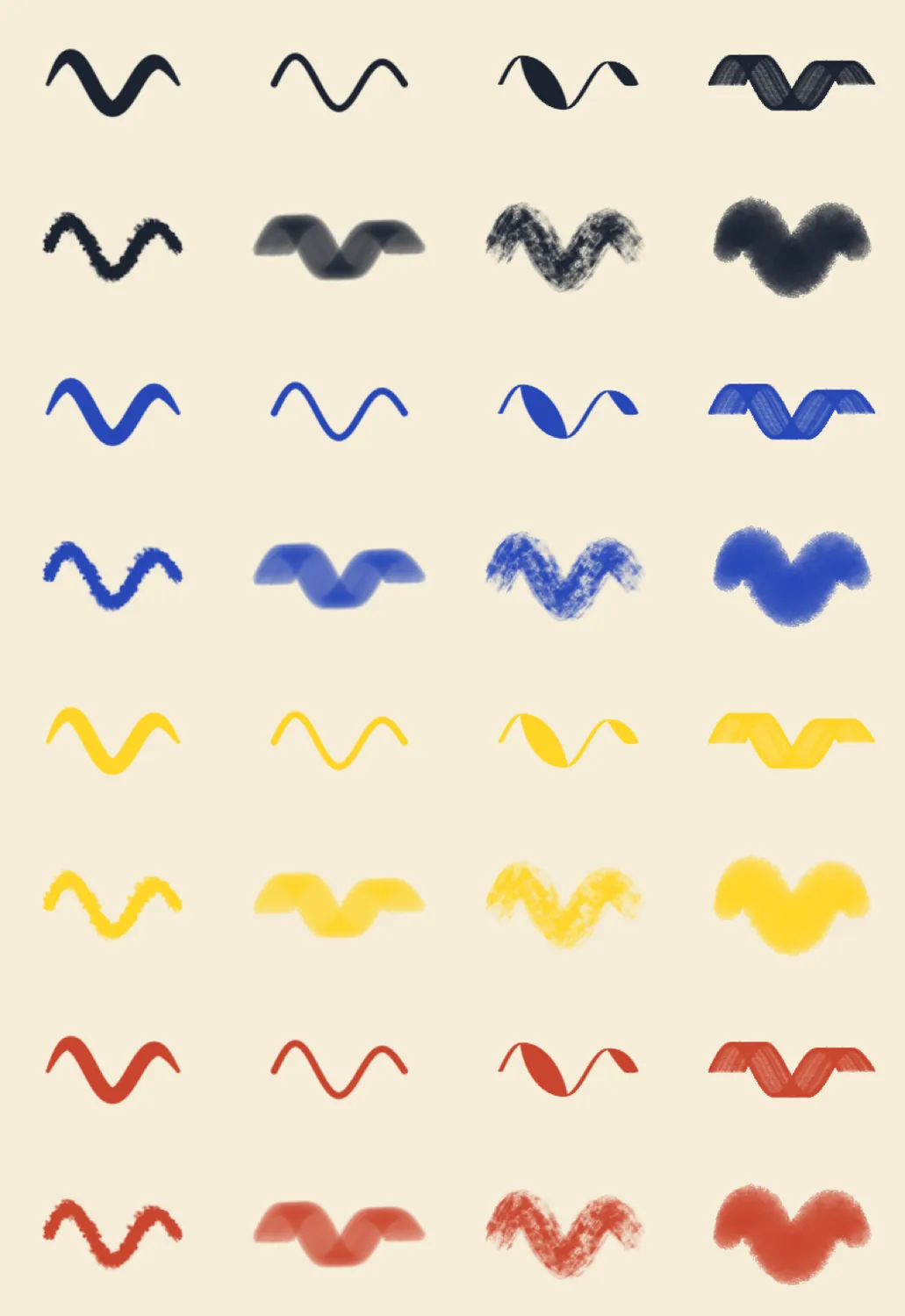 Eight wavy strokes in each of four colours: navy, cobalt, yellow and tomato.