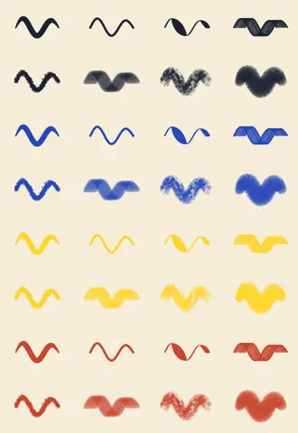 Eight wavy strokes in each of four colours: navy, cobalt, yellow and tomato.