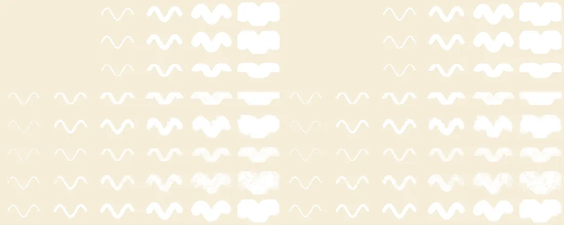 A grid of wavy strokes in white on cream: eight kinds of ink, each at six widths from a hairline to very broad, shown twice.
