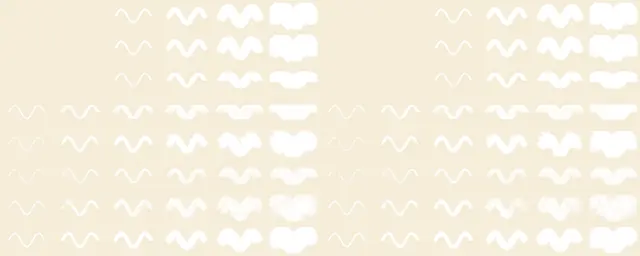 A grid of wavy strokes in white on cream: eight kinds of ink, each at six widths from a hairline to very broad, shown twice.