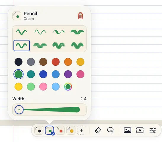 A pen’s options: the pencil in green, eight stroke samples in a grid with one outlined, a palette of sixteen colours with a colour well, and a width strip.