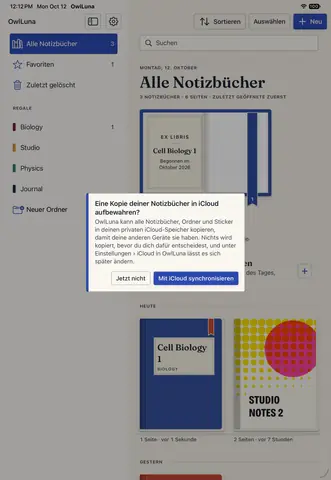 The library in German, with a notice asking whether to keep a copy of the notebooks in iCloud and two buttons: Jetzt nicht and Mit iCloud synchronisieren.