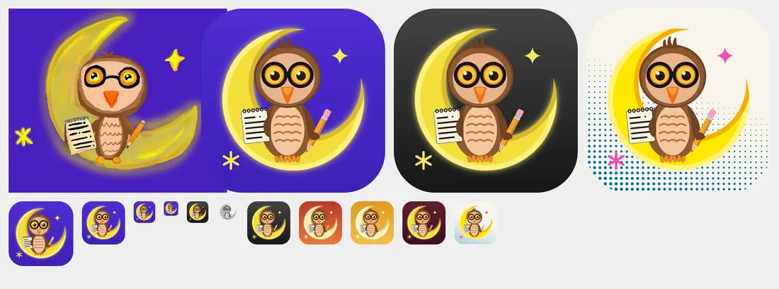 The owl four times: a hand-painted sketch, then drawn cleanly on violet, on black and on dotted cream. Smaller copies are lined up below.