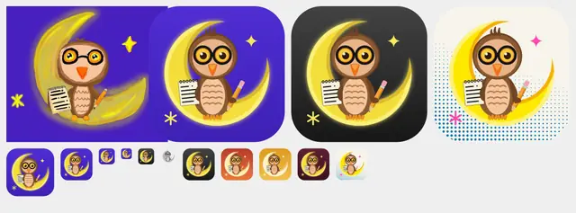 The owl four times: a hand-painted sketch, then drawn cleanly on violet, on black and on dotted cream. Smaller copies are lined up below.