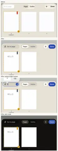 The page navigator four times: before, after, after with a page number typed in, and after at night.