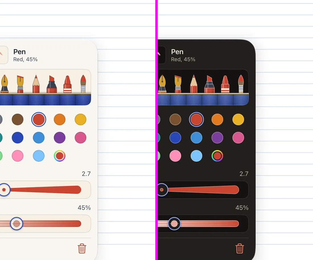 A pen’s options by day and at night with a second strip under the width, set to 45%, and the red pen’s line drawn faint.