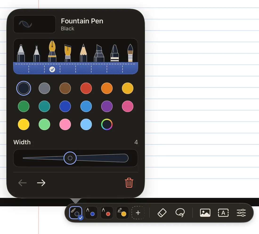 A pen’s options at night: the fountain pen’s own line, the pen roll, sixteen colours and a colour well, a width strip, and buttons to move the pen along or take it off.