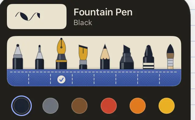 A close view of the pen roll at night, the fountain pen standing out of its pocket over a check mark.