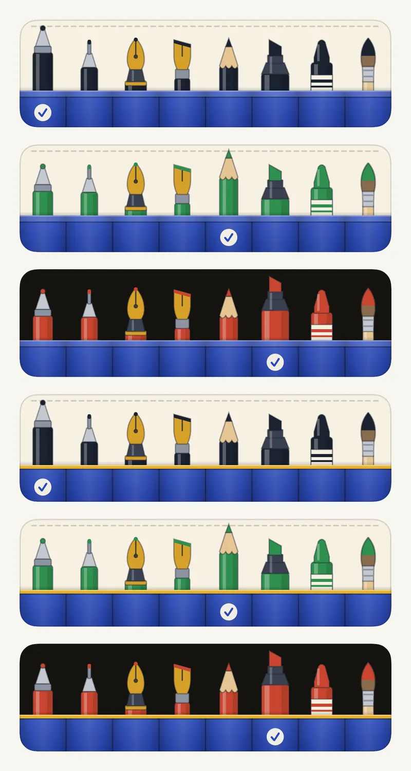 Six more drawings of the pen roll with deeper pockets. The last three have a mustard line along the pocket’s top edge.