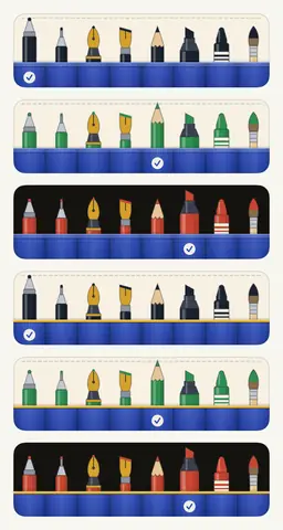 Six more drawings of the pen roll with deeper pockets. The last three have a mustard line along the pocket’s top edge.