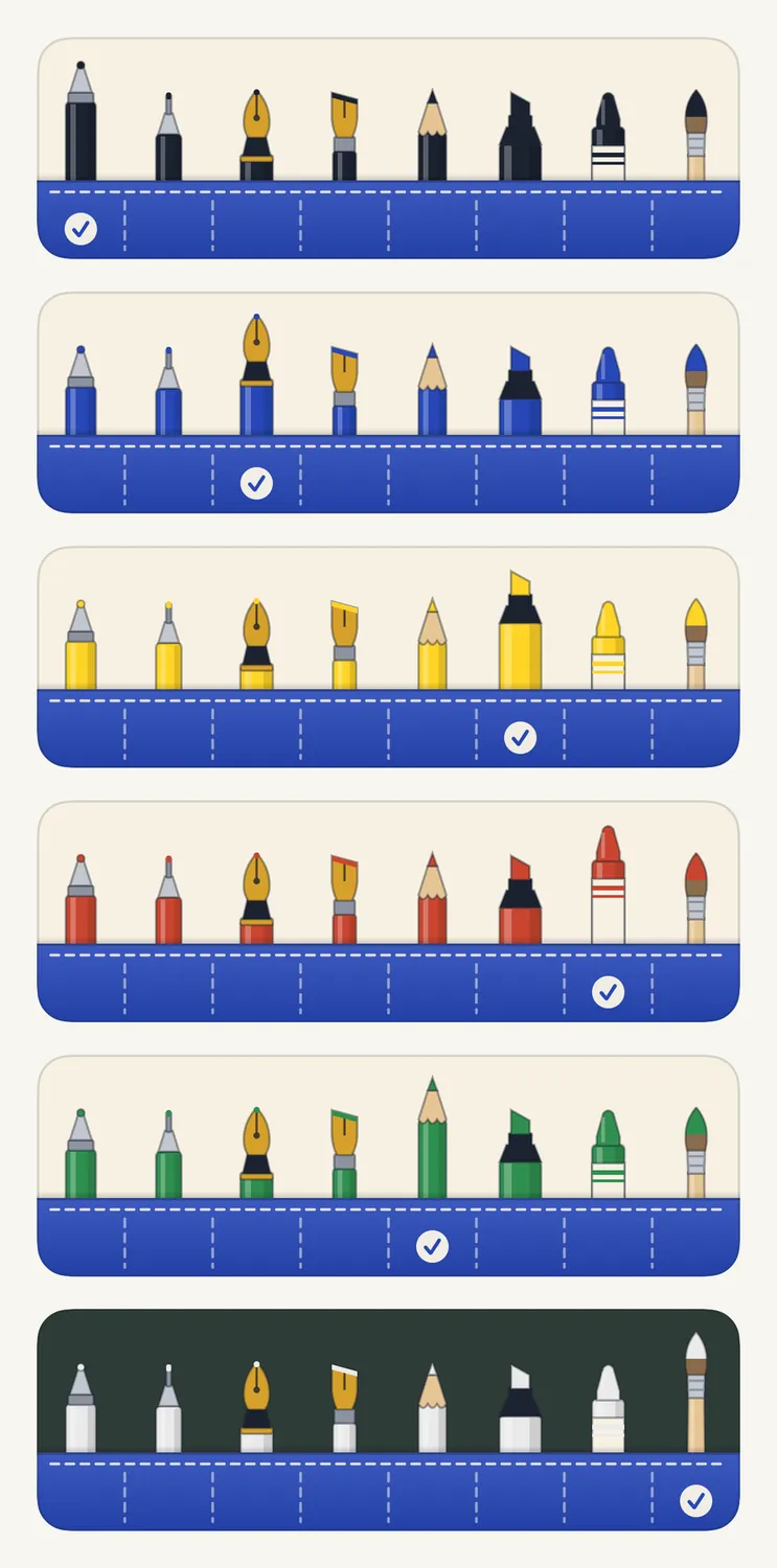Six drawings of the pen roll: eight tools standing in a blue pocket with dashed stitching, in black, blue, yellow, red and green, and once on a dark ground.