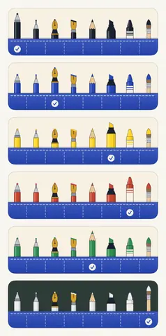 Six drawings of the pen roll: eight tools standing in a blue pocket with dashed stitching, in black, blue, yellow, red and green, and once on a dark ground.
