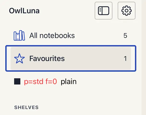 A close view of the sidebar with a focus ring round the Favourites row and, under it, a test row reading p=std f=0 plain.