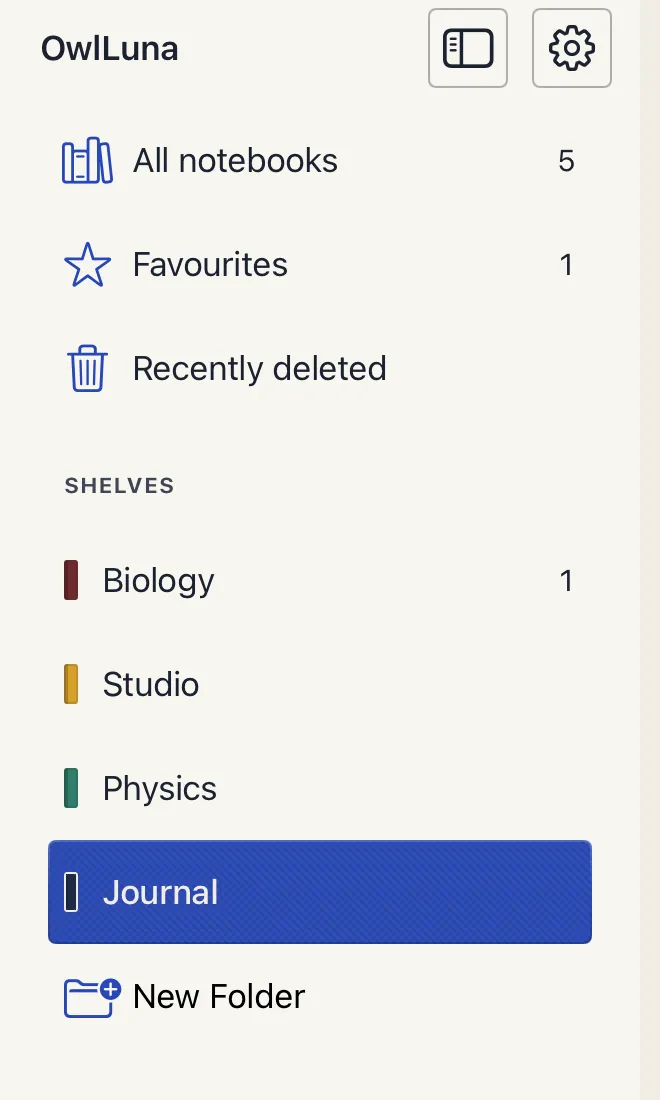 The sidebar by day with the Journal shelf selected on a woven cobalt plate.