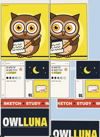 Two frames of the finished splash: tiles holding the owl writing on a pad, a ruled note page, a crescent moon, index cards under a STUDY stamp and the wordmark, whole and then as they begin to leave.