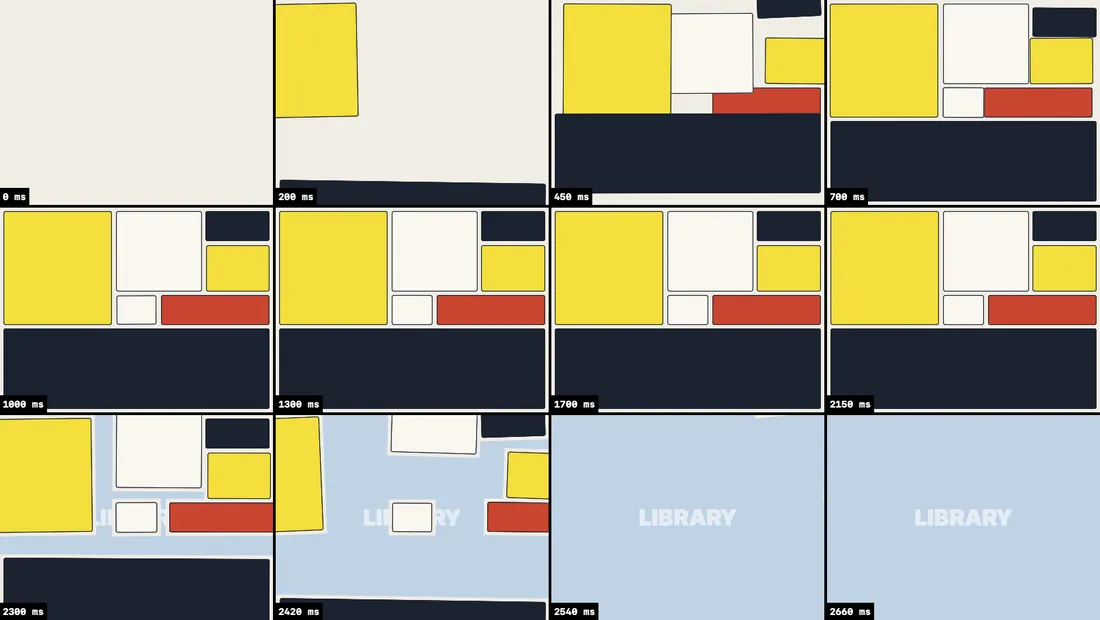 Twelve storyboard frames: plain coloured blocks fly in to fill the screen like a bento box, hold, then leave to show the library.