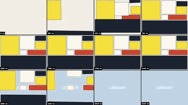 Twelve storyboard frames: plain coloured blocks fly in to fill the screen like a bento box, hold, then leave to show the library.