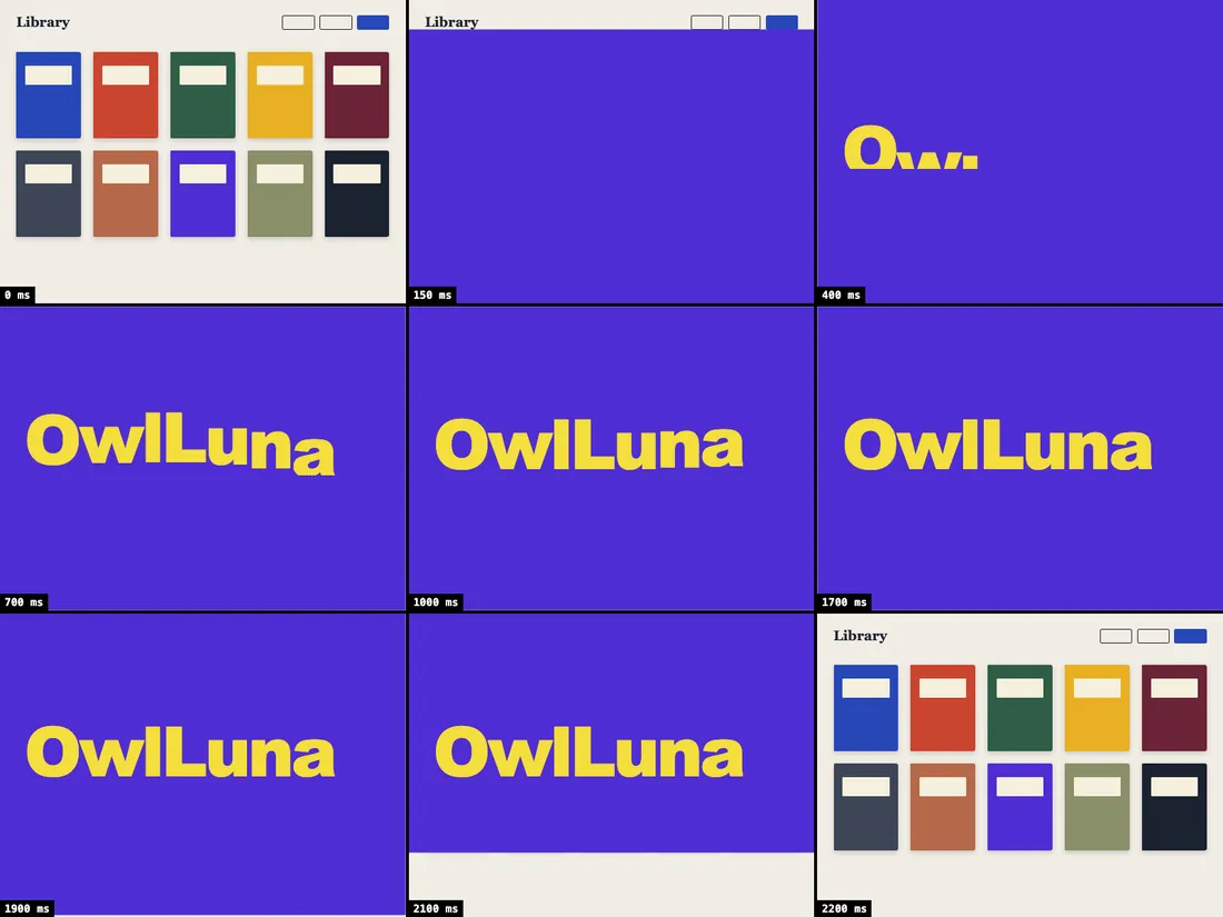 Nine storyboard frames timed from 0 to 2,200 milliseconds: a violet sheet rises over the library, the word OwlLuna comes up in yellow, and the sheet drops away.