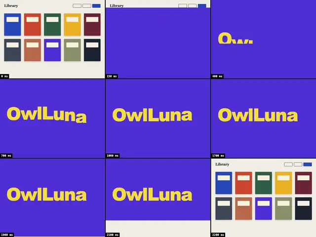 Nine storyboard frames timed from 0 to 2,200 milliseconds: a violet sheet rises over the library, the word OwlLuna comes up in yellow, and the sheet drops away.