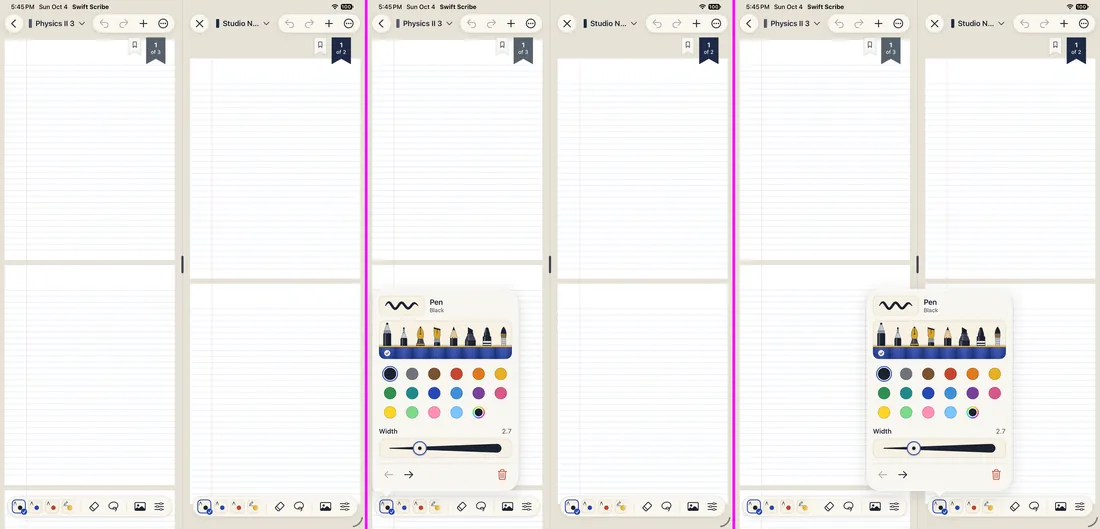 Three screenshots of two notebooks open side by side, with a pen’s options opened from the left notebook and then from the right.