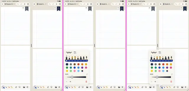 Three screenshots of two notebooks open side by side, with a pen’s options opened from the left notebook and then from the right.
