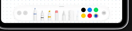 A close crop of the system’s tool picker: undo, redo, six drawing tools, a ruler and six colours.