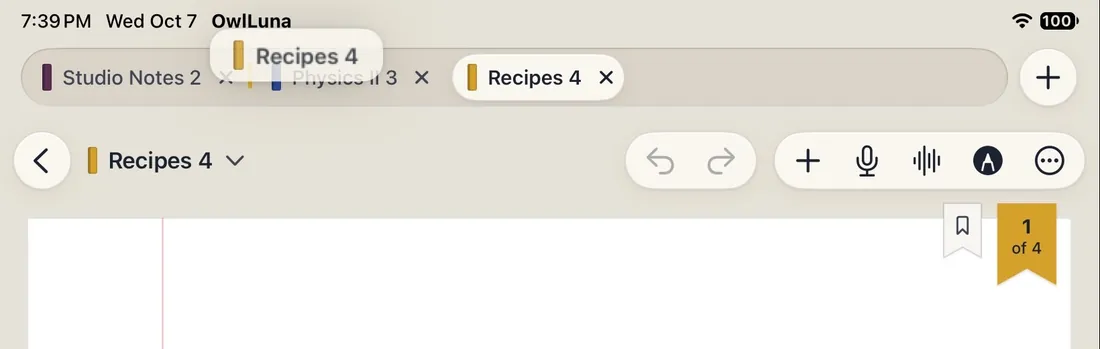 A row of three notebook tabs with one, Recipes 4, lifted and being dragged along the row.