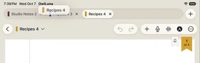 A row of three notebook tabs with one, Recipes 4, lifted and being dragged along the row.