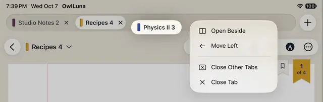 A tab’s menu: Open Beside, Move Left, Close Other Tabs and Close Tab.