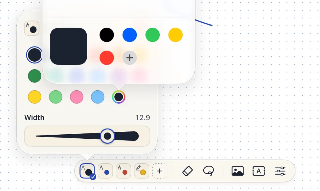 A tray at the foot of a dotted page holding four pens, an eraser, a lasso, a picture, a text box and settings. A pen’s options are open above it, and the system’s colour picker is open over those.