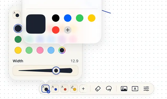 A tray at the foot of a dotted page holding four pens, an eraser, a lasso, a picture, a text box and settings. A pen’s options are open above it, and the system’s colour picker is open over those.