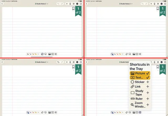 Four screenshots of a ruled page with the tray at its foot. In the fourth, a menu titled Shortcuts in the Tray is set so large that its words break across lines.