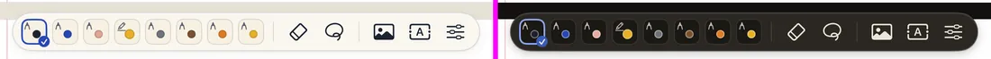 The tray by day and at night with eight pens, an eraser, a lasso, a picture, a text box and settings.