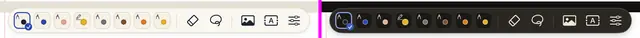 The tray by day and at night with eight pens, an eraser, a lasso, a picture, a text box and settings.