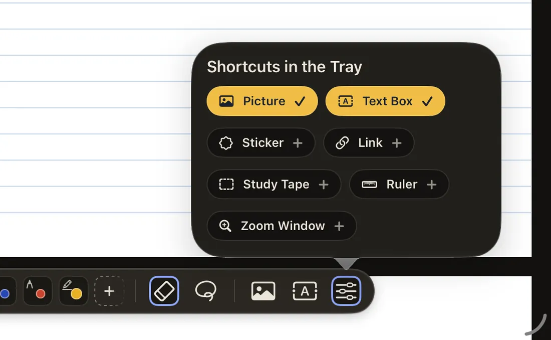 The Shortcuts in the Tray menu at night: Picture and Text Box ticked in mustard, then Sticker, Link, Study Tape, Ruler and Zoom Window.