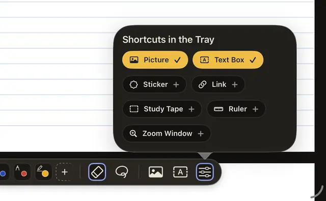 The Shortcuts in the Tray menu at night: Picture and Text Box ticked in mustard, then Sticker, Link, Study Tape, Ruler and Zoom Window.