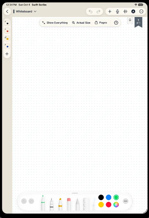 A whiteboard page with four pens in a column down its left edge and the system’s tool picker along the bottom.
