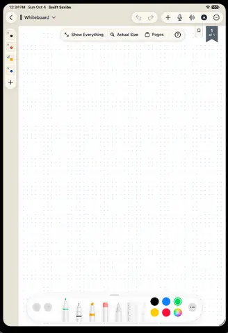 A whiteboard page with four pens in a column down its left edge and the system’s tool picker along the bottom.