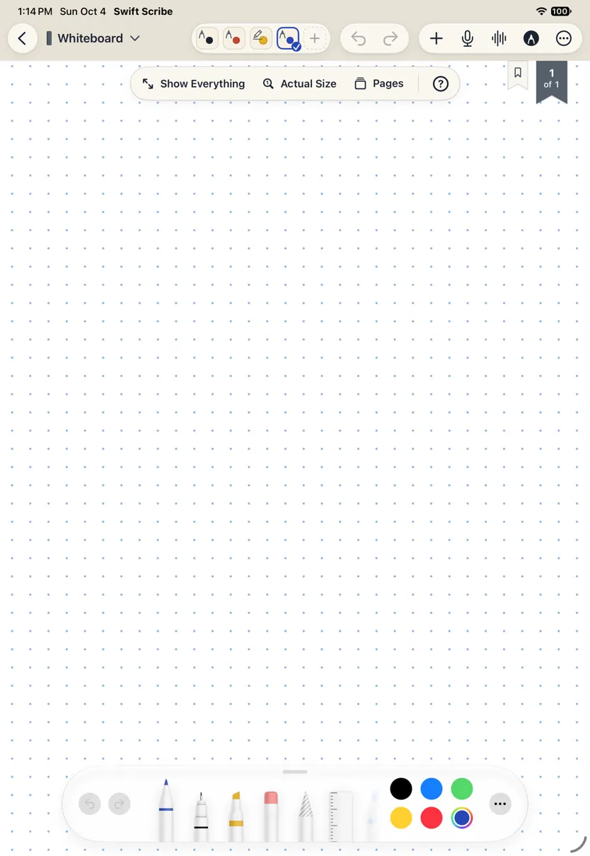 The same whiteboard with the four pens moved into the top bar, beside undo and redo.